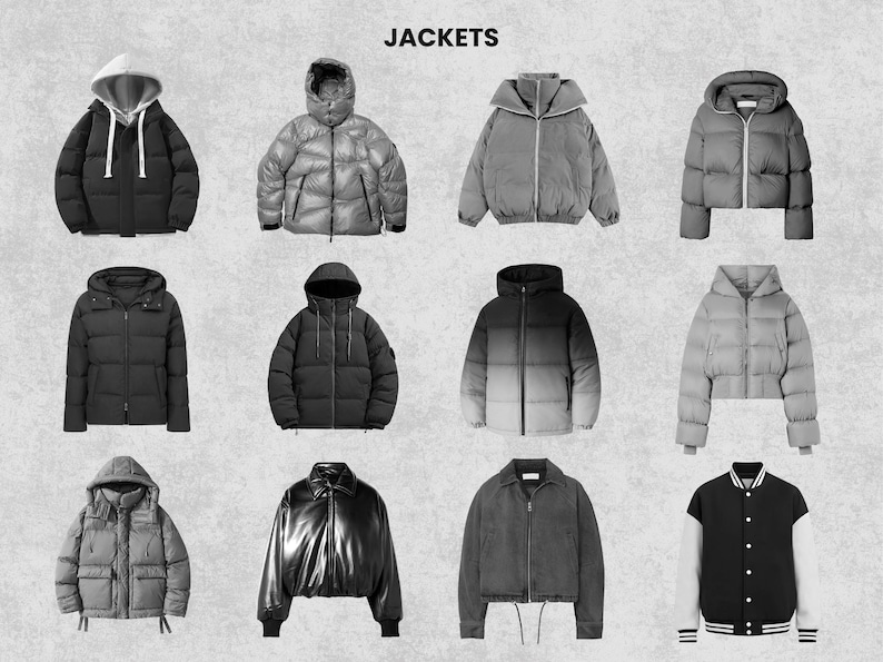 May include: A collection of jackets in various styles, displayed in black and white. The jackets include puffer coats, a leather bomber, and a varsity jacket. The word "JACKETS" is at the top of the image.