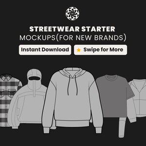 Może przedstawiać: Czarny grafika z tekstem "STREETWEAR STARTER MOCKUPS (FOR NEW BRANDS)". Obraz wyświetla pięć różnych makiet odzieży: koszulę w kratę, kurtkę z kapturem, bluzę z kapturem, koszulkę i krótką kurtkę zapinaną na zamek.