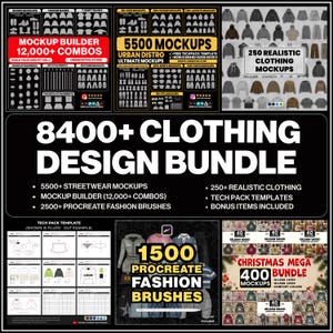 Puede incluir: Imagen promocional que muestra un paquete de diseño de ropa. Presenta varias maquetas, incluyendo zapatos, sudaderas con capucha y chaquetas. La imagen destaca más de 8400 elementos de diseño de ropa, más de 5500 maquetas de ropa urbana y más de 12.000 combinaciones de maquetas.