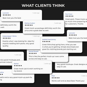 May include: A graphic displaying customer testimonials on a black background. White rectangular speech bubbles contain text and star ratings. The title "WHAT CLIENTS THINK" is at the top. The reviews are from various customers, each with a name and a rating.