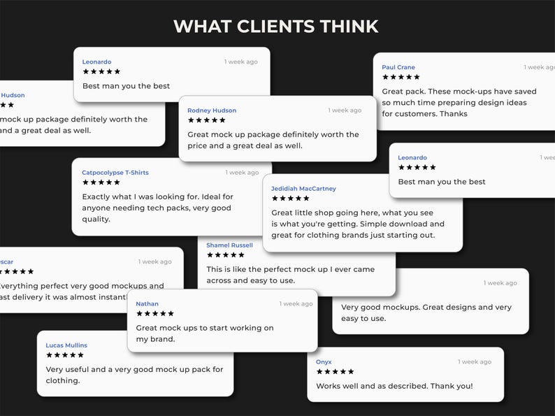 May include: A graphic displaying customer testimonials on a black background. White rectangular speech bubbles contain text and star ratings. The title "WHAT CLIENTS THINK" is at the top. The reviews are from various customers, each with a name and a rating.