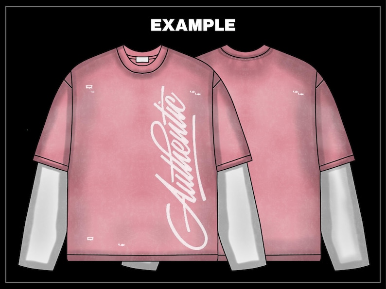 K&ouml;nnte beinhalten: Ein rosa Langarmshirt mit einem wei&szlig;en Unterhemd. Das Wort "Authentic" ist in wei&szlig;er Schrift auf der Vorderseite geschrieben. Das Wort "EXAMPLE" steht in wei&szlig;en Blockbuchstaben oben.
