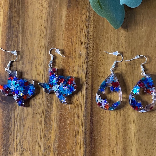 Earrings Resin Texas Shape | Red Silver Blue Stars Clear | Lightweight Fun Trendy | Jewelry Handmade | Gift Present | Fishhook Silicone Back