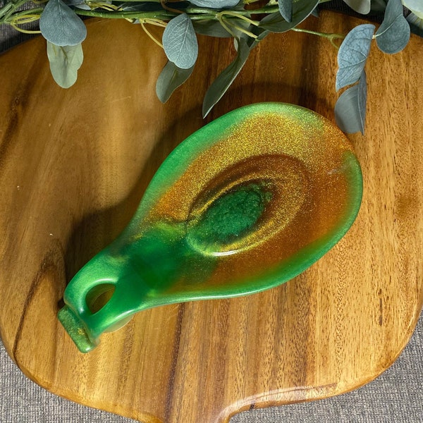 Spoon Rest Resin | Green Copper Shimmering Irradescent  | Cook Gift | Home Decor | Stove Top Tray | Handmad Holder | Kitchen Organization