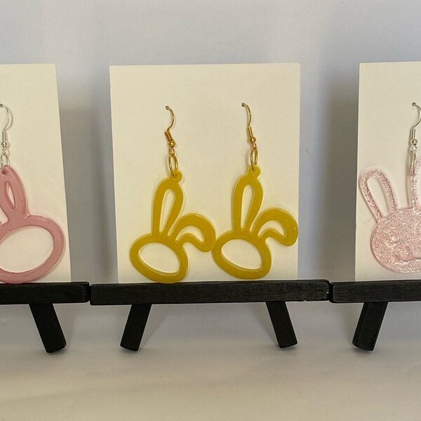 Earrings Resin Bunny Rabbit | Pink Yellow | Easter Theme Spring | Lightweight | Fun Jewelry | Handmade | Fishhook Silicone Backs | Pastel