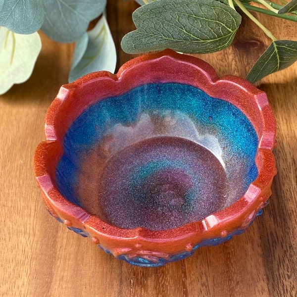 Bowl Small Decorative Resin | Maroon Blue | Catch-all Bowl | Floral Embossed | Spare Holder | Candy Dish | Shimmering Glitter | Gift Present