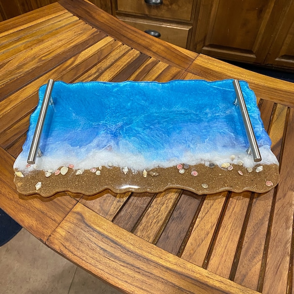 Tray Resin Rectangle with Handles | Beach Theme Blue Seashells | Home Decor Sparkly | Cute Handmade | Sturdy Dish Present | Stylish Gift