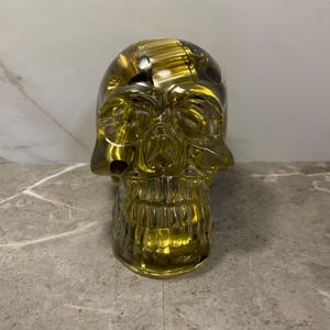 Resin Skull | Clear with Brass 9 MM Ammo | Handmade Home Decor | 3D Resin Skull | Skull Home Decor | Skull Paperweight | 9 MM Ammo Skull
