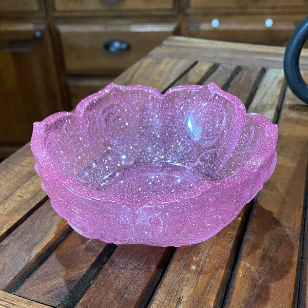 Bowl Small Decorative Resin | Pink Glitter  | Catchall Bowl | Floral Embossed | Cute Home Decor | Candy Dish | Small Items Organization