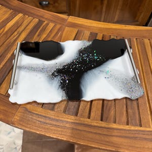 Large Rectangle Resin Tray with Handles | Black and White Glitter | Silver Handles | Handmade Home Decor | Decorative Tray | Serving Tray