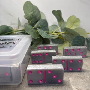 Resin Double 6 Domino Set | Grey and Pink | Unique Tabletop Game | Handmade Domino Set | Dominos with Storage Box | Handcrafted Domino Set