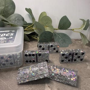Resin Double 6 Domino Set | Silver and Black | Unique Tabletop Game | Handmade Domino Set | Dominos with Storage Box | Handcrafted Dominos