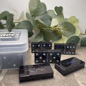 Resin Double 6 Domino Set | Black and Silver | Unique Tabletop Game | Handmade Domino Set | Dominos with Storage Box | Handcrafted Domino