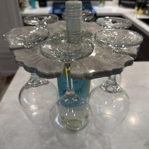 Resin Wine Bottle & Glass Caddy | Silver White | Wine Lover Gift | Handmade Home Decor | Barware Gear | Wine Glass Holder | Wine Bottle Rack