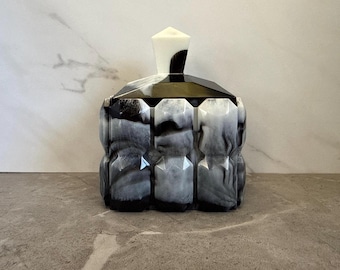 Handmade Small Square Vintage Look Resin Jar with Lid; Black & White