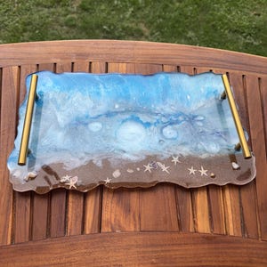 Seashell Large Resin Tray with Gold Handles: Beach Home Decor