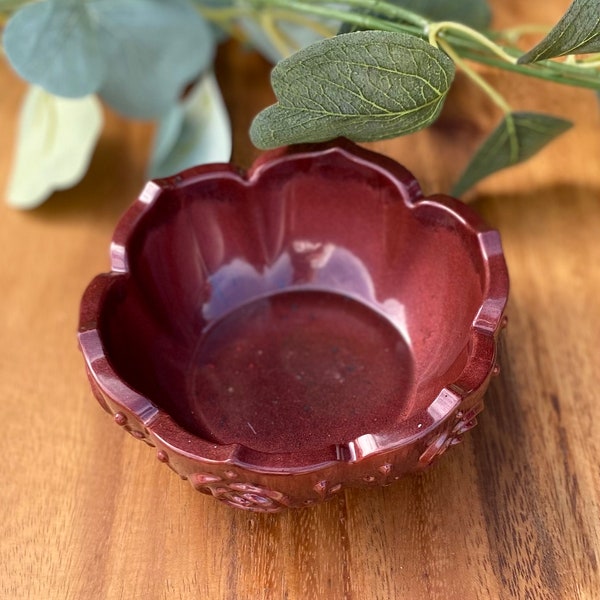 Bowl Small Decorative Resin | Burgundy Maroon | Catch-all Bowl | Floral Embossed | Spare Change Holder | Candy Dish | Cute | Office Supplies