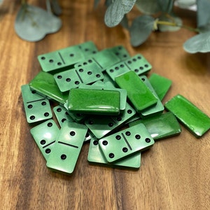 Dominos Resin Double 6 | Green Black | Unique Tabletop Gaming | Domino Set Handmade | Handcrafted Gift Present | Dominoes with Storage Box