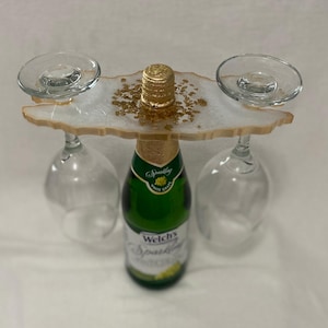 Resin Wine Caddy | White and Gold | Handmade Barware | Bar Gear | Wine Glass Holder | Unique Wine Bottle Rack | Glass and Bottle Caddy