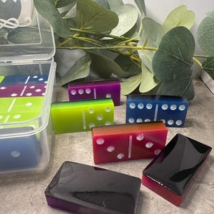 Resin Double 6 Domino Set | Rainbow Glow in the Dark | Tabletop Game | Handmade Dominos | Dominos with Storage Box | Handcrafted Dominos