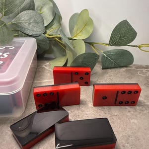 Resin Double 6 Domino Set | Red and Black | Unique Tabletop Game | Handmade Domino Set | Dominos with Storage Box | Handcrafted Domino Set