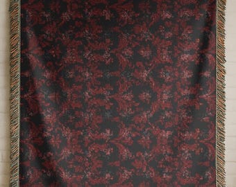 Gothic Damask Burgundy Black Woven Blanket | Gothic Throw Bedspread