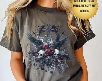 Gothic Rosen Schädel Raben T-Shirt, Dark Academia Comfort Colors Tee
