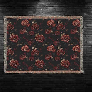 Gothic Burgundy Roses on Black Throw, Home Decor Blanket, Gothic Bedroom Decor, Gothic Tapestry, Cozy Goth Blanket