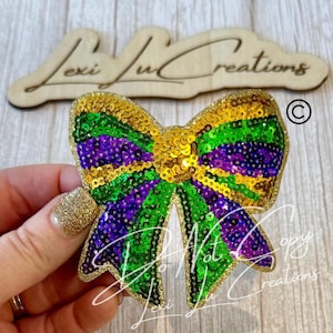 Mardi Gras Bow Sequin Patch Purple Green Gold