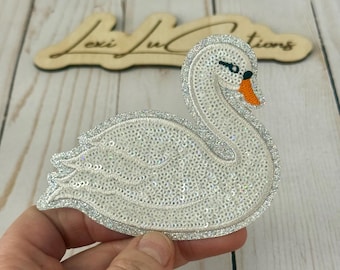 Swan Sequin Iron On Patch | Sparkle Applique | Swimming Swan | White Iridescent
