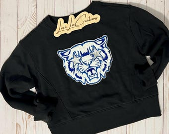 Youth WILDCAT Mascot Patch Sweatshirt | Blue and White Chenille Patch | Preppy Wildcats | Kentucky Patch