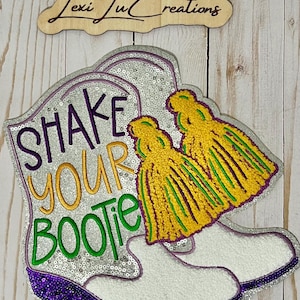 Mardi Gras Shake Your Bootie Boots Sequin Iron On Patch| Shirt Patches | Louisiana | Purple, Gold, and Green