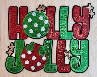 Holly Jolly Green & Red Ornament Patch • Holiday Iron On Patch • Sequin Applique for Shirts