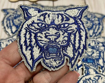 WILDCAT Mascot Iron On Patch | White, Blue, and Gray Embroidered Patch | Wildcats | Kentucky Patch