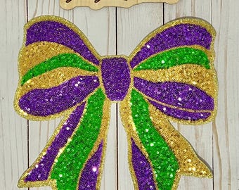 Mardi Gras Bow Sequin Iron On Patch| Shirt Patches | Louisiana | Purple, Gold, and Green