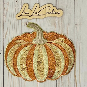 May include: A large, sparkly, orange and gold pumpkin patch applique. The pumpkin is made of sequins and has a 3D stem.