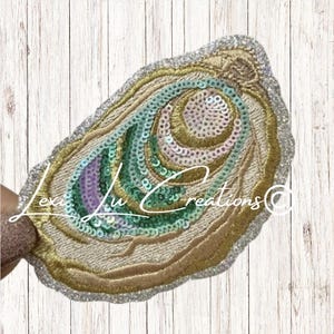 Sequin Oyster Patch | Coastal Oyster Iron-On Patch | Sparkle Seafood Patch for Hats, Jackets & Bags | Beachy Southern Patch