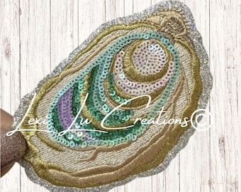 Sequin Oyster Patch | Coastal Oyster Iron-On Patch | Sparkle Seafood Patch for Hats, Jackets & Bags | Beachy Southern Patch