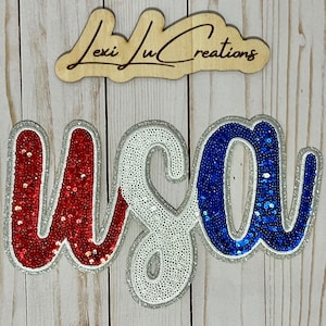 USA Sequin Iron On Patch | Red, White, Blue with Silver Glitter