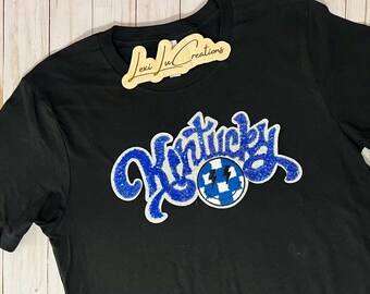 Kentucky Sequin Patch Adult and Youth Shirt | White and Blue Sequin and Chenille Patch | Wildcats | Kentucky | UK