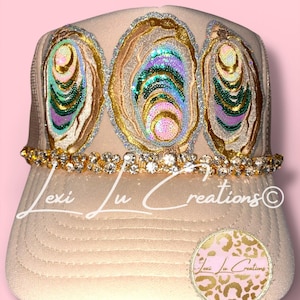 Sequin Oyster Patch Hat with Bling Chain | Coastal Southern Sparkle Trucker Hat | Louisiana Seafood Festival Hat | Custom Patch Bar Hat