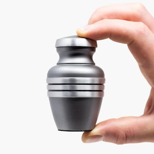 May include: A silver metal urn with a smooth, rounded top and a textured, ridged body. The urn is held in a hand.