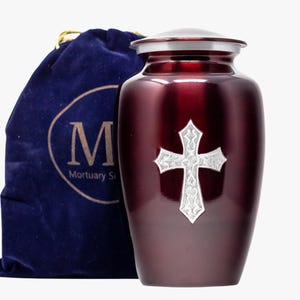 Cross Urns for Human Ashes Full Size - Large Cremation Urn for Ashes - Maroon Burial Urns for Male and Female