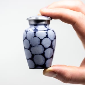 May include: A small, white and blue patterned cremation urn with a silver lid. The urn is being held in a hand.