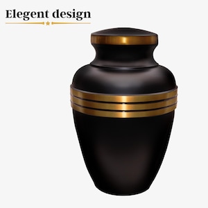May include: Black urn with gold trim. The urn has a rounded shape and a smooth surface.