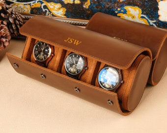 boîte à montres marron vintage, boîte à montres en cuir personnalisée, rouleau de montres 1, 2, 3 fentes, cadeau du marié, cadeau pour lui, cadeau personnalisé