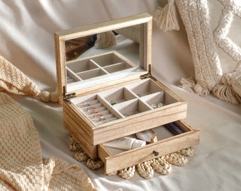 Boîte à bijoux personnalisée pour femmes | Organisateur de boîte à bijoux | Boîte de rangement de bijoux en bois rétro pour cérémonie de mariage | Vœux de mariage gravés