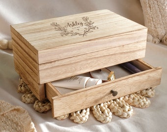 Organisateur de boîte à bijoux personnalisé | Boîte à bijoux pour femmes | Boîte de rangement de bijoux en bois rétro pour cérémonie de mariage | Vœux de mariage gravés