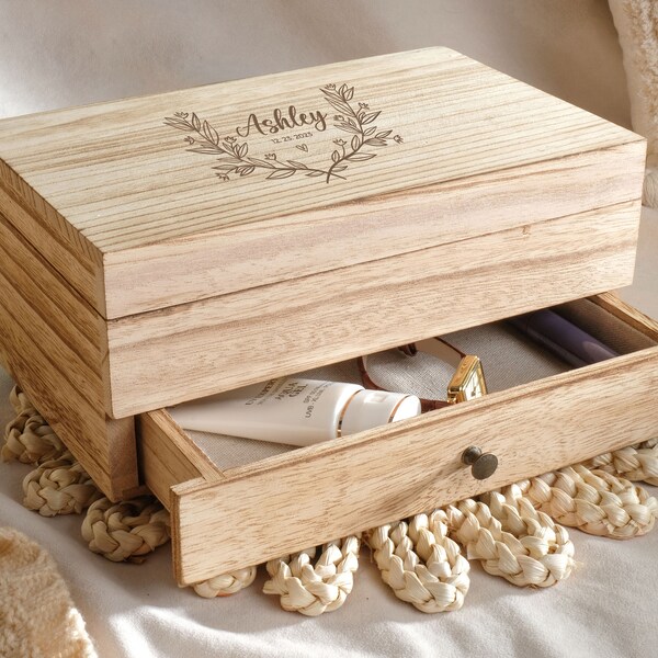 Organisateur de boîte à bijoux personnalisé | Boîte à bijoux pour femmes | Boîte de rangement de bijoux en bois rétro pour cérémonie de mariage | Vœux de mariage gravés