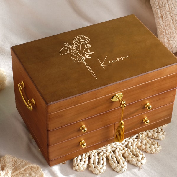 Birthday Gifts for Mom, Engraved Jewelry Box with Drawers, Personalized Birth Flower Jewelry Box, Bridesmaid Proposal, Gifts for Her